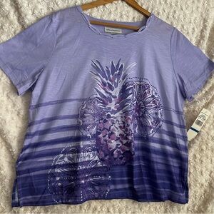 Alfred Dunner Purple striped pineapple Graphic T-Shirt petite XL